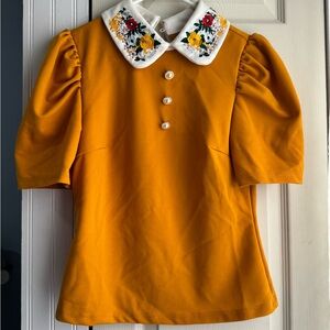 Mustard Yellow Puff Sleeve Blouse with Embroidered Collar
